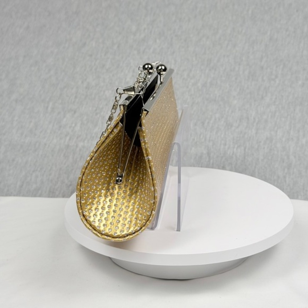Gold Rhinestone Evening Clutch Metallic Formal Wedding Purse with Chain Strap - Picture 8 of 11